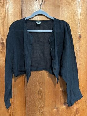 Vintage CTC Linens Cropped Fringed Linen Cardigan Top Black USA Made Small S
